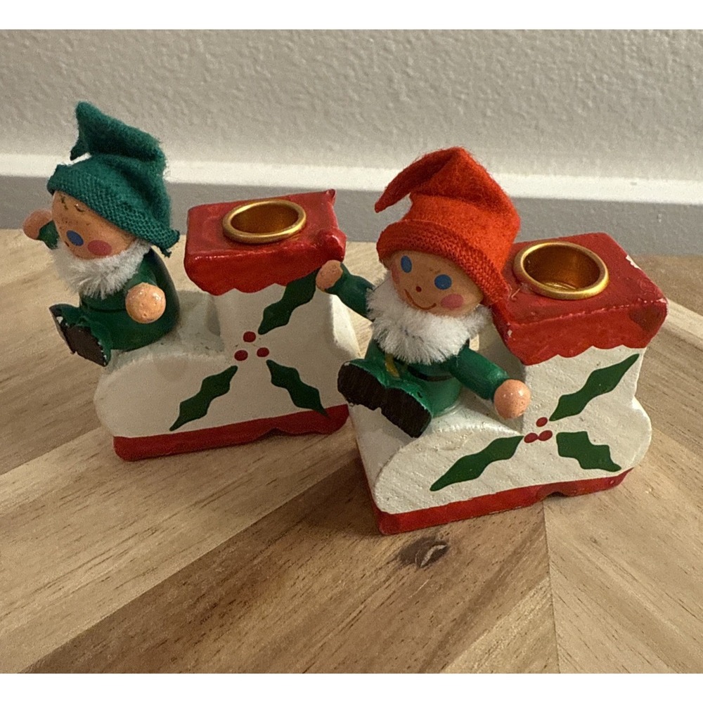 2 Pc. Wood Elf Candle Holders Hand Painted With Holly Berry  2.5"T Scandi XMAS